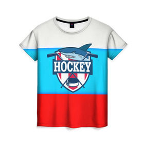Женская футболка 3D с принтом Акула хоккея в Новосибирске, 100% полиэфир ( синтетическое хлопкоподобное полотно) | прямой крой, круглый вырез горловины, длина до линии бедер | bandy | hockey | клюшка | коньки | лед | россия | русский хоккей | спорт | хоккей