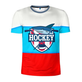 Мужская футболка 3D спортивная с принтом Акула хоккея в Новосибирске, 100% полиэстер с улучшенными характеристиками | приталенный силуэт, круглая горловина, широкие плечи, сужается к линии бедра | bandy | hockey | клюшка | коньки | лед | россия | русский хоккей | спорт | хоккей