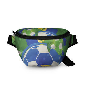 Поясная сумка 3D с принтом Яркий футбол в Новосибирске, 100% полиэстер | плотная ткань, ремень с регулируемой длиной, внутри несколько карманов для мелочей, основное отделение и карман с обратной стороны сумки застегиваются на молнию | бразилия | желтый | зеленый | игра | мяч | синий | цвет