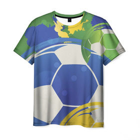 Мужская футболка 3D с принтом Яркий футбол в Новосибирске, 100% полиэфир | прямой крой, круглый вырез горловины, длина до линии бедер | бразилия | желтый | зеленый | игра | мяч | синий | цвет