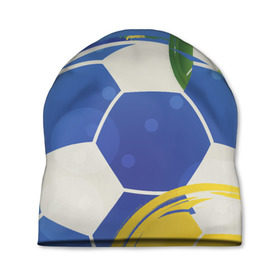 Шапка 3D с принтом Яркий футбол в Новосибирске, 100% полиэстер | универсальный размер, печать по всей поверхности изделия | бразилия | желтый | зеленый | игра | мяч | синий | цвет