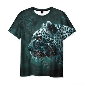 Мужская футболка 3D с принтом Леопард неоновый в Новосибирске, 100% полиэфир | прямой крой, круглый вырез горловины, длина до линии бедер | гепард | леопард | темный | хищник