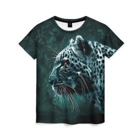 Женская футболка 3D с принтом Леопард неоновый в Новосибирске, 100% полиэфир ( синтетическое хлопкоподобное полотно) | прямой крой, круглый вырез горловины, длина до линии бедер | гепард | леопард | темный | хищник