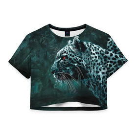 Женская футболка 3D укороченная с принтом Леопард неоновый в Новосибирске, 100% полиэстер | круглая горловина, длина футболки до линии талии, рукава с отворотами | гепард | леопард | темный | хищник