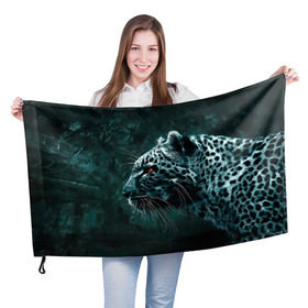 Флаг 3D с принтом Леопард неоновый в Новосибирске, 100% полиэстер | плотность ткани — 95 г/м2, размер — 67 х 109 см. Принт наносится с одной стороны | гепард | леопард | темный | хищник