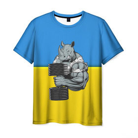 Мужская футболка 3D с принтом Спортивный носорог в Новосибирске, 100% полиэфир | прямой крой, круглый вырез горловины, длина до линии бедер | abstraction | grunge | абстракция | два цвета | краска | носорог | украинец | я украинец