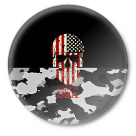 Значок с принтом Made in USA в Новосибирске,  металл | круглая форма, металлическая застежка в виде булавки | camouflage | made in usa | skull | абстракция | америка | города | камуфляж | нация | страны | текстуры | череп