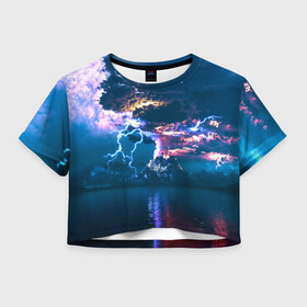 Женская футболка 3D укороченная с принтом Извержение вулкана в Новосибирске, 100% полиэстер | круглая горловина, длина футболки до линии талии, рукава с отворотами | Тематика изображения на принте: вода | вулкан | выброс | горы | гроза | дым | лава | молнии | море | облака | океан | остров | пепел | разряд | стихия