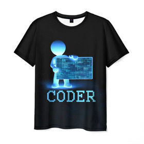 Мужская футболка 3D с принтом Coder - программист кодировщик в Новосибирске, 100% полиэфир | прямой крой, круглый вырез горловины, длина до линии бедер | Тематика изображения на принте: it | programmer | голова | загрузка | код | надпись | неоновый | ноги | программный | руки | светящийся | страница | технологии | хакер | человек | человечек | шифровальщик | экран
