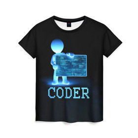 Женская футболка 3D с принтом Coder - программист кодировщик в Новосибирске, 100% полиэфир ( синтетическое хлопкоподобное полотно) | прямой крой, круглый вырез горловины, длина до линии бедер | Тематика изображения на принте: it | programmer | голова | загрузка | код | надпись | неоновый | ноги | программный | руки | светящийся | страница | технологии | хакер | человек | человечек | шифровальщик | экран
