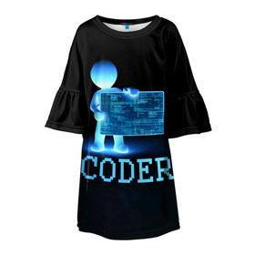Детское платье 3D с принтом Coder - программист кодировщик в Новосибирске, 100% полиэстер | прямой силуэт, чуть расширенный к низу. Круглая горловина, на рукавах — воланы | it | programmer | голова | загрузка | код | надпись | неоновый | ноги | программный | руки | светящийся | страница | технологии | хакер | человек | человечек | шифровальщик | экран