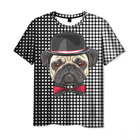 Мужская футболка 3D с принтом Mr. Pug в Новосибирске, 100% полиэфир | прямой крой, круглый вырез горловины, длина до линии бедер | animal | dog | pet | pug | puppy | арт | горошек | джентльмен | животные | кружочки | мопс | мопсик | пес | собаки | текстура | французский бульдог