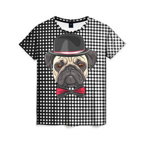 Женская футболка 3D с принтом Mr. Pug в Новосибирске, 100% полиэфир ( синтетическое хлопкоподобное полотно) | прямой крой, круглый вырез горловины, длина до линии бедер | animal | dog | pet | pug | puppy | арт | горошек | джентльмен | животные | кружочки | мопс | мопсик | пес | собаки | текстура | французский бульдог