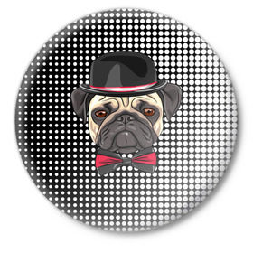 Значок с принтом Mr. Pug в Новосибирске,  металл | круглая форма, металлическая застежка в виде булавки | animal | dog | pet | pug | puppy | арт | горошек | джентльмен | животные | кружочки | мопс | мопсик | пес | собаки | текстура | французский бульдог