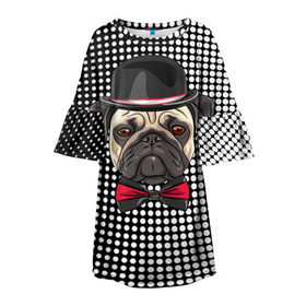 Детское платье 3D с принтом Mr. Pug в Новосибирске, 100% полиэстер | прямой силуэт, чуть расширенный к низу. Круглая горловина, на рукавах — воланы | animal | dog | pet | pug | puppy | арт | горошек | джентльмен | животные | кружочки | мопс | мопсик | пес | собаки | текстура | французский бульдог