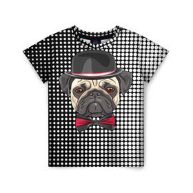 Детская футболка 3D с принтом Mr. Pug в Новосибирске, 100% гипоаллергенный полиэфир | прямой крой, круглый вырез горловины, длина до линии бедер, чуть спущенное плечо, ткань немного тянется | animal | dog | pet | pug | puppy | арт | горошек | джентльмен | животные | кружочки | мопс | мопсик | пес | собаки | текстура | французский бульдог