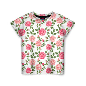 Детская футболка 3D с принтом Розы Паттерн в Новосибирске, 100% гипоаллергенный полиэфир | прямой крой, круглый вырез горловины, длина до линии бедер, чуть спущенное плечо, ткань немного тянется | абстракция | коллаж | паттерн | растения | розы | цветы