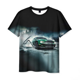 Мужская футболка 3D с принтом Призрачный Ford Mustang в Новосибирске, 100% полиэфир | прямой крой, круглый вырез горловины, длина до линии бедер | ford | mustang | авто | автомобиль | блатная | замок | зеленый | иномарка | крутая | марка | машина | мустанг | пацанский таз | поводок | прикольная | седан | тачила | тачка | туман | форд | цепь