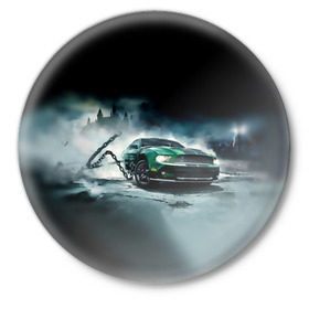 Значок с принтом Призрачный Ford Mustang в Новосибирске,  металл | круглая форма, металлическая застежка в виде булавки | ford | mustang | авто | автомобиль | блатная | замок | зеленый | иномарка | крутая | марка | машина | мустанг | пацанский таз | поводок | прикольная | седан | тачила | тачка | туман | форд | цепь