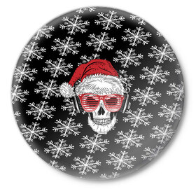 Значок с принтом Santa Skull хипстер в Новосибирске,  металл | круглая форма, металлическая застежка в виде булавки | дед мороз | новогодний | паттерн | санта | снег | снежинки
