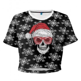 Женская футболка 3D укороченная с принтом Santa Skull хипстер в Новосибирске, 100% полиэстер | круглая горловина, длина футболки до линии талии, рукава с отворотами | дед мороз | новогодний | паттерн | санта | снег | снежинки
