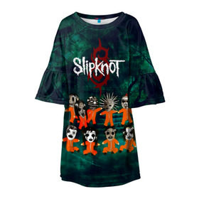 Детское платье 3D с принтом Группа Slipknot в Новосибирске, 100% полиэстер | прямой силуэт, чуть расширенный к низу. Круглая горловина, на рукавах — воланы | slipknot | альтернативный метал | грув метал | комбинезон | маска | метал | мрачный | ню метал | рок