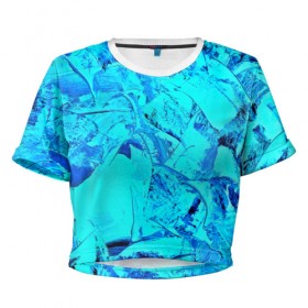 Женская футболка 3D укороченная с принтом Голубые краски в Новосибирске, 100% полиэстер | круглая горловина, длина футболки до линии талии, рукава с отворотами | Тематика изображения на принте: watercolor | абстракция красок | акварель | брызги красок | краска | потертость красок