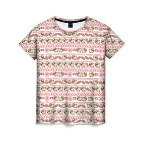 Женская футболка 3D с принтом Свитер с мопсами в Новосибирске, 100% полиэфир ( синтетическое хлопкоподобное полотно) | прямой крой, круглый вырез горловины, длина до линии бедер | милый | паттерн | пончик | собака | щенок