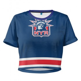 Женская футболка 3D укороченная с принтом New York Rangers 2017 в Новосибирске, 100% полиэстер | круглая горловина, длина футболки до линии талии, рукава с отворотами | Тематика изображения на принте: new york rangers | nhl | спорт | хоккей