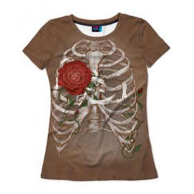 Женская футболка 3D с принтом Грудная клетка в Новосибирске, 100% полиэфир ( синтетическое хлопкоподобное полотно) | прямой крой, круглый вырез горловины, длина до линии бедер | halloween | skeleton | грудная клетка | кости | ребра | скелет | хэллоуин