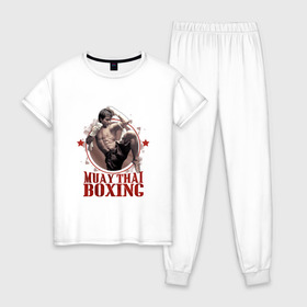 Женская пижама хлопок с принтом Тайский бокс в Новосибирске, 100% хлопок | брюки и футболка прямого кроя, без карманов, на брюках мягкая резинка на поясе и по низу штанин | muay thai boxing