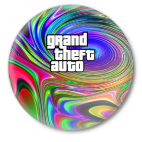 Значок с принтом Grand Theft Auto в Новосибирске,  металл | круглая форма, металлическая застежка в виде булавки | color | game | gta | абстракция | игра | игрок | линии | узор | цвет