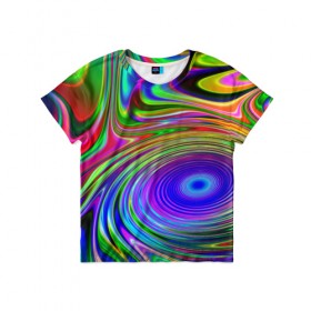 Детская футболка 3D с принтом Галлюцинации в Новосибирске, 100% гипоаллергенный полиэфир | прямой крой, круглый вырез горловины, длина до линии бедер, чуть спущенное плечо, ткань немного тянется | Тематика изображения на принте: abstract | colorful | colors | rainbow | tie dye | абстракция | брызги | геометрия | краска | краски | разводы