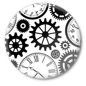 Значок с принтом Часы и шестеренки в Новосибирске,  металл | круглая форма, металлическая застежка в виде булавки | pattern | узор | часы
