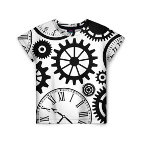 Детская футболка 3D с принтом Часы и шестеренки в Новосибирске, 100% гипоаллергенный полиэфир | прямой крой, круглый вырез горловины, длина до линии бедер, чуть спущенное плечо, ткань немного тянется | Тематика изображения на принте: pattern | узор | часы