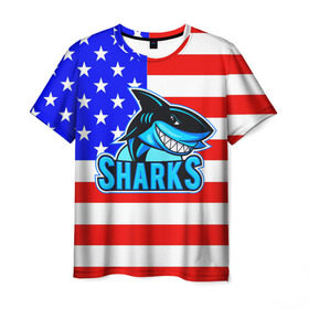 Мужская футболка 3D с принтом Sharks USA в Новосибирске, 100% полиэфир | прямой крой, круглый вырез горловины, длина до линии бедер | sharks | usa | акула | америка | американец | символика америки | сша