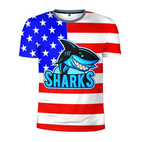 Мужская футболка 3D спортивная с принтом Sharks USA в Новосибирске, 100% полиэстер с улучшенными характеристиками | приталенный силуэт, круглая горловина, широкие плечи, сужается к линии бедра | sharks | usa | акула | америка | американец | символика америки | сша