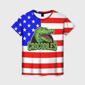 Женская футболка 3D с принтом Крокодил USA в Новосибирске, 100% полиэфир ( синтетическое хлопкоподобное полотно) | прямой крой, круглый вырез горловины, длина до линии бедер | usa | америка | американец | крокодил | символика америки | сша