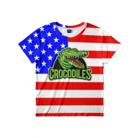 Детская футболка 3D с принтом Крокодил USA в Новосибирске, 100% гипоаллергенный полиэфир | прямой крой, круглый вырез горловины, длина до линии бедер, чуть спущенное плечо, ткань немного тянется | usa | америка | американец | крокодил | символика америки | сша