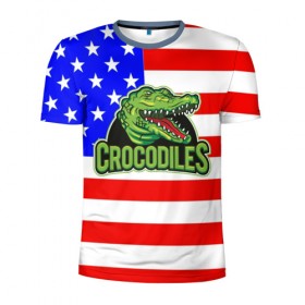 Мужская футболка 3D спортивная с принтом Крокодил USA в Новосибирске, 100% полиэстер с улучшенными характеристиками | приталенный силуэт, круглая горловина, широкие плечи, сужается к линии бедра | usa | америка | американец | крокодил | символика америки | сша