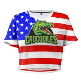 Женская футболка 3D укороченная с принтом Крокодил USA в Новосибирске, 100% полиэстер | круглая горловина, длина футболки до линии талии, рукава с отворотами | usa | америка | американец | крокодил | символика америки | сша