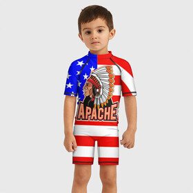 Детский купальный костюм 3D с принтом Apache в Новосибирске, Полиэстер 85%, Спандекс 15% | застежка на молнии на спине | Тематика изображения на принте: apache | usa | америка | американец | индейцы | символика америки | сша