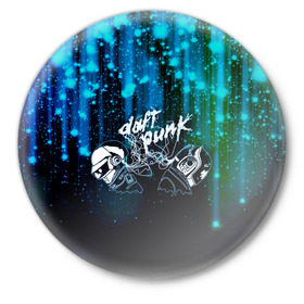Значок с принтом Daft Punk в Новосибирске,  металл | круглая форма, металлическая застежка в виде булавки | ги мануэль де омем кристо | дафт панк | искра | капли | музыка | надпись | нью диско | синти поп | техно | тома бангальтер | фанк | французский хаус | шлем | электроник рок | электронная