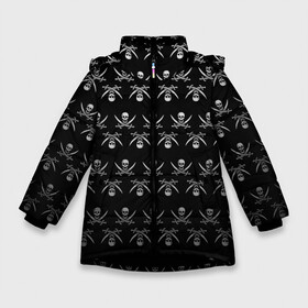 Зимняя куртка для девочек 3D с принтом Пиратский pattern в Новосибирске, ткань верха — 100% полиэстер; подклад — 100% полиэстер, утеплитель — 100% полиэстер. | длина ниже бедра, удлиненная спинка, воротник стойка и отстегивающийся капюшон. Есть боковые карманы с листочкой на кнопках, утяжки по низу изделия и внутренний карман на молнии. 

Предусмотрены светоотражающий принт на спинке, радужный светоотражающий элемент на пуллере молнии и на резинке для утяжки. | Тематика изображения на принте: bones | buccaneer | corsair | filibuster | freebooter | picaroon | pirate | rover | голова | кости | пират | скелет | череп