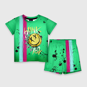 Детский костюм с шортами 3D с принтом Blink 182 в Новосибирске,  |  | blink | альтернативный рок | блинк | зеленый | линии | марк хоппус | музыка | мэтт скиба | панк | панк рок | песни | полосы | поп панк | рок | скейт панк | смайл | трэвис баркер