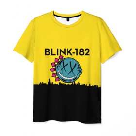 Мужская футболка 3D с принтом Blink-182 город в Новосибирске, 100% полиэфир | прямой крой, круглый вырез горловины, длина до линии бедер | Тематика изображения на принте: blink | альтернативный рок | блинк | город | желтый | марк хоппус | музыка | мэтт скиба | панк | панк рок | песни | поп панк | рок | скейт панк | смайл | солнце | трэвис баркер