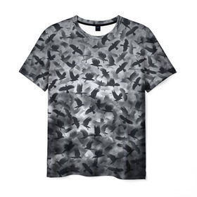 Мужская футболка 3D с принтом Вороны в Новосибирске, 100% полиэфир | прямой крой, круглый вырез горловины, длина до линии бедер | ворон | ворона | воронье | небо | паттрен | птицы | серый | стая | текстура | хеллоуин