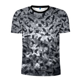 Мужская футболка 3D спортивная с принтом Вороны в Новосибирске, 100% полиэстер с улучшенными характеристиками | приталенный силуэт, круглая горловина, широкие плечи, сужается к линии бедра | ворон | ворона | воронье | небо | паттрен | птицы | серый | стая | текстура | хеллоуин