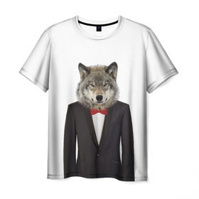 Мужская футболка 3D с принтом Волк в Новосибирске, 100% полиэфир | прямой крой, круглый вырез горловины, длина до линии бедер | Тематика изображения на принте: бабочка | волк | животные | костюм | природа | смокинг | собака