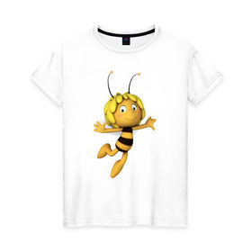 Женская футболка хлопок с принтом пчелка Майя в Новосибирске, 100% хлопок | прямой крой, круглый вырез горловины, длина до линии бедер, слегка спущенное плечо | Тематика изображения на принте: вилли | майя | мая | пчелка | пчёлка майя | флип
